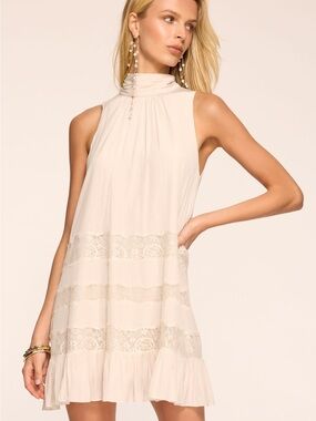 Ramy Brook Cream Sleeveless High-Neck Lace-Trim Mini Dress